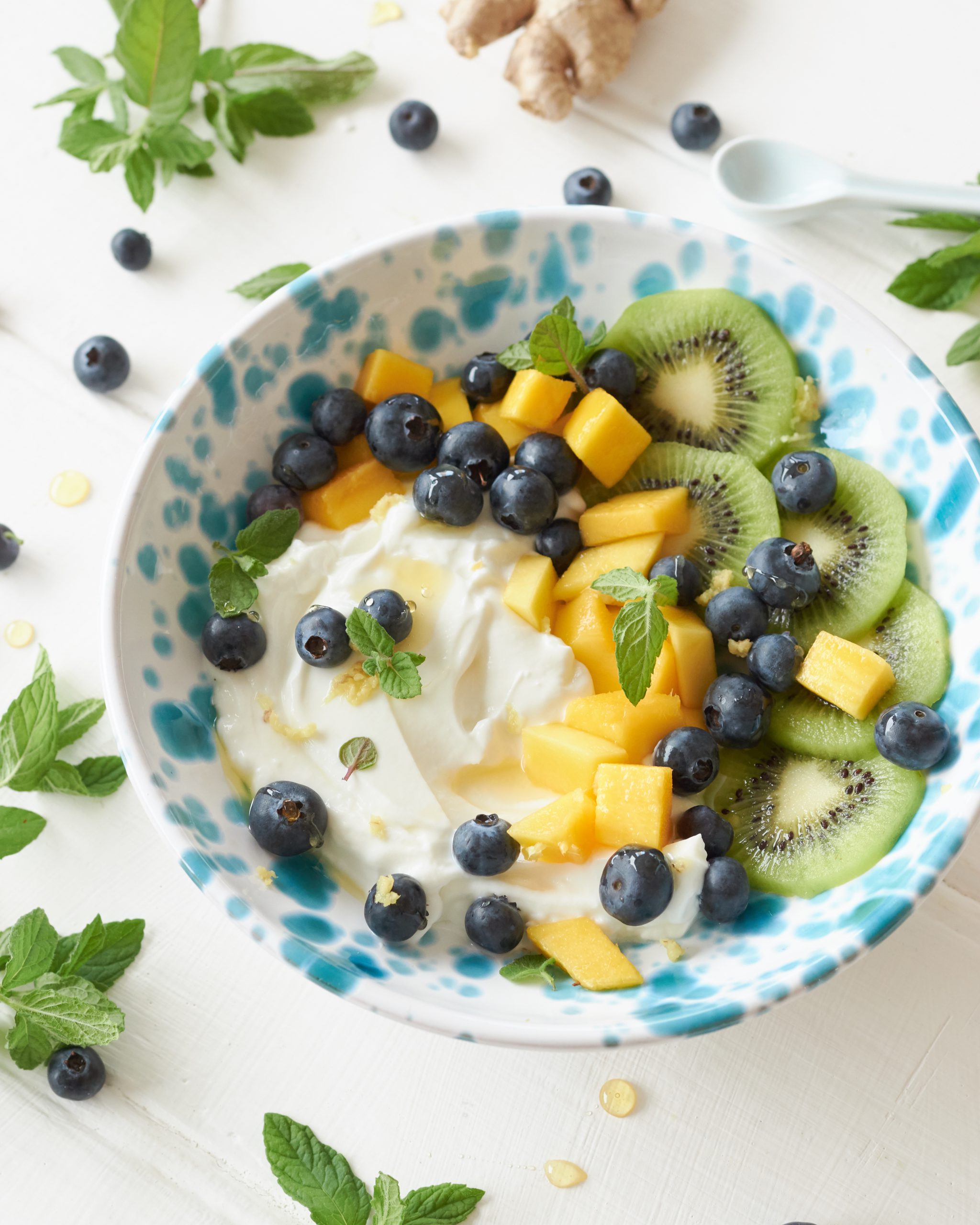 YOGURT GRECO CON MANGO, MIRTILLI, KIWI E GINGER