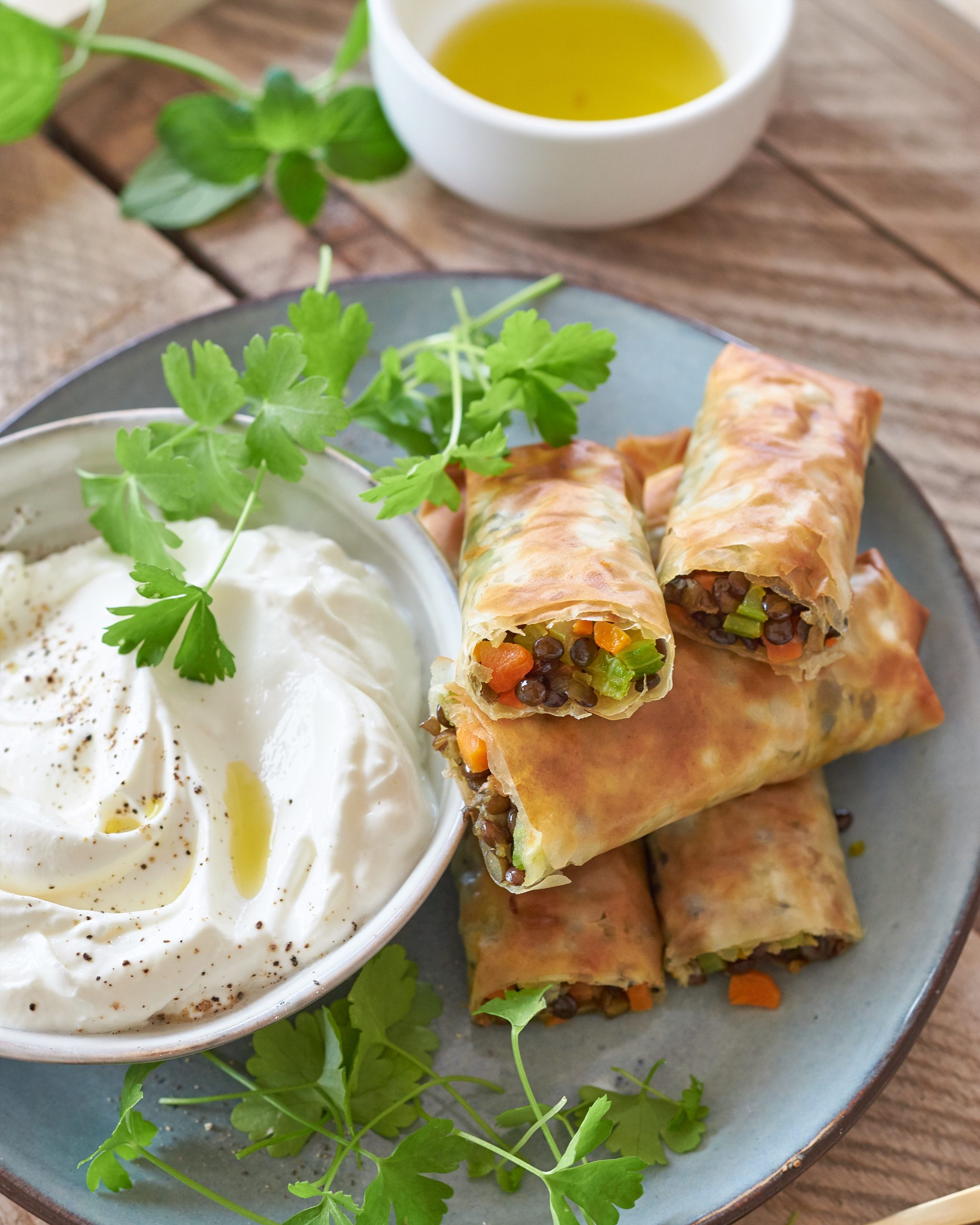 INVOLTINI DI PASTA FILLO CON VERDURE IN SALSA ALLO YOGURT