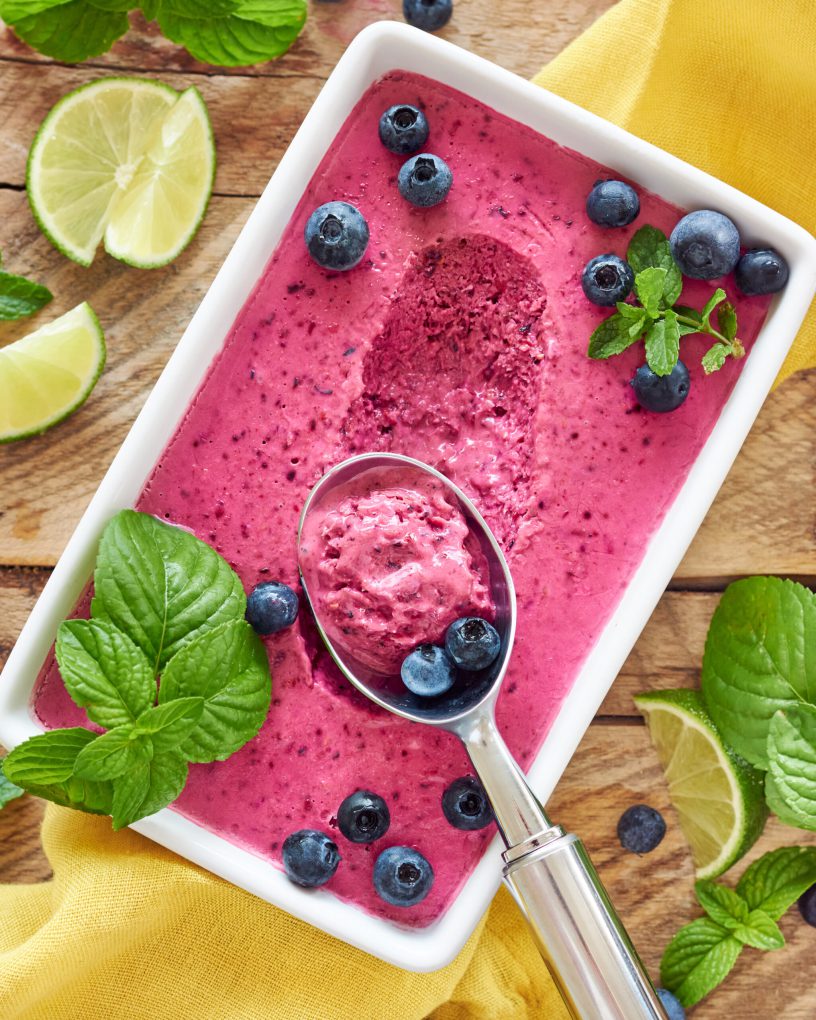 Sorbetto ai mirtilli, cocco e yogurt greco Zorbas
